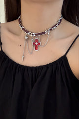 Vintage Leather Gem Cross Necklace