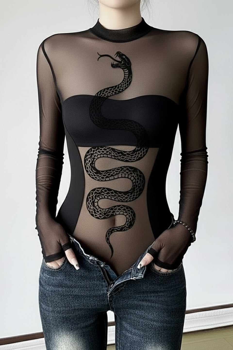Sheer Dark Snake Print Bodysuit Mesh Top Main image