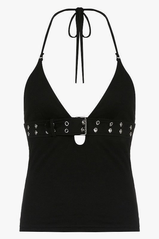 Rock Low Neck Buckle Halter Top