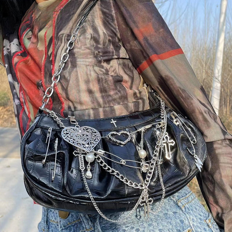 Y2K Gothic Harajuku Metal Punk Hip Hop Rock Underarm Tote Crossbody Shoulder Bag Halloween