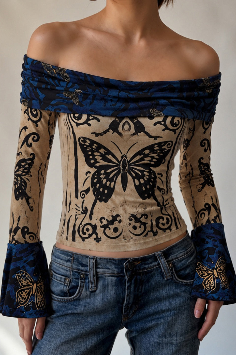 Butterfly Foldover Flared Sleeve Crop Tops