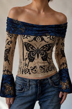 Butterfly Foldover Flared Sleeve Crop Tops