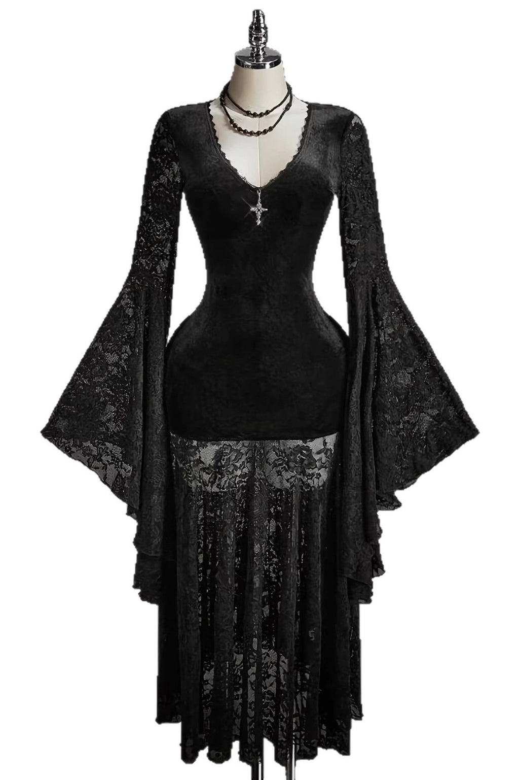 Lace Sleeve Velvet Effect Maxi Dress