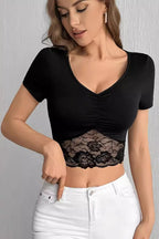 Gathered Front Lace Hem T-Shirt