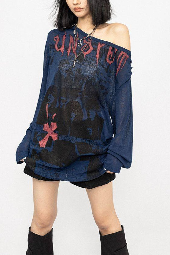 Vintage Graffiti Print Off Shoulder Cover Up T-shirt Secondary image