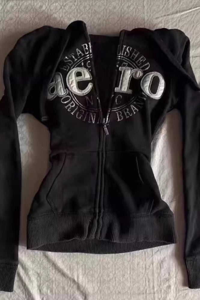 Letter Graphic Fitted Black Zip Hoodie Secondary image