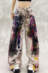 Retro Graffiti Print Denim Wide Leg Floor Pants
