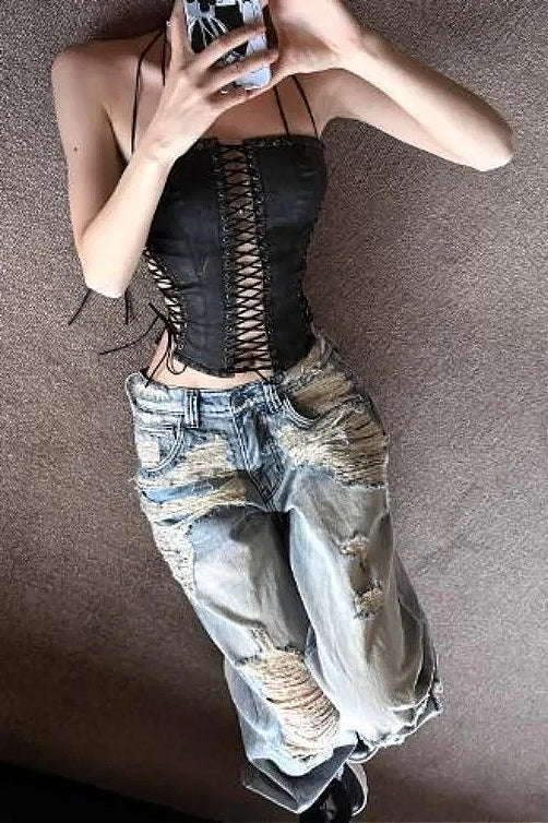 Black Hollow Strap Halter Slim Corset