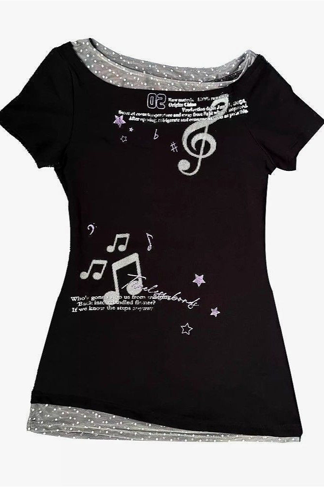 Y2K Slim Off-shoulder Music Note Printed T-shirt Main image