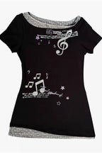 Y2K Slim Off-shoulder Music Note Printed T-shirt
