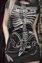 Dark Gothic Skeleton Bone Print Sheer Slim Dress