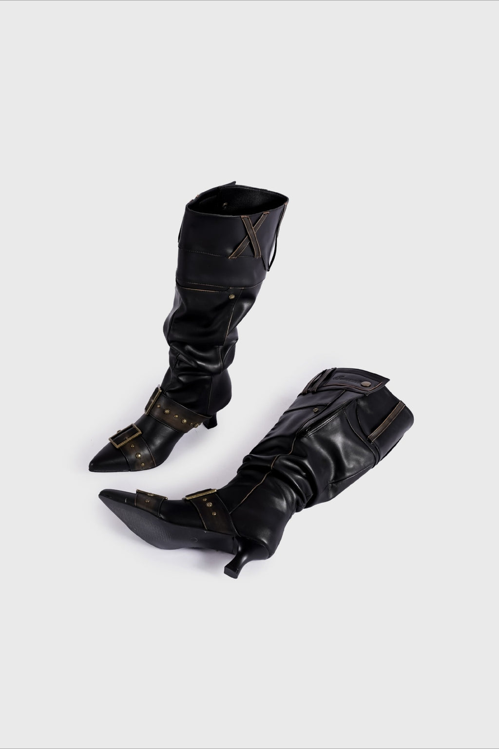 Pointed Buckle Slouch Knee-High Boots