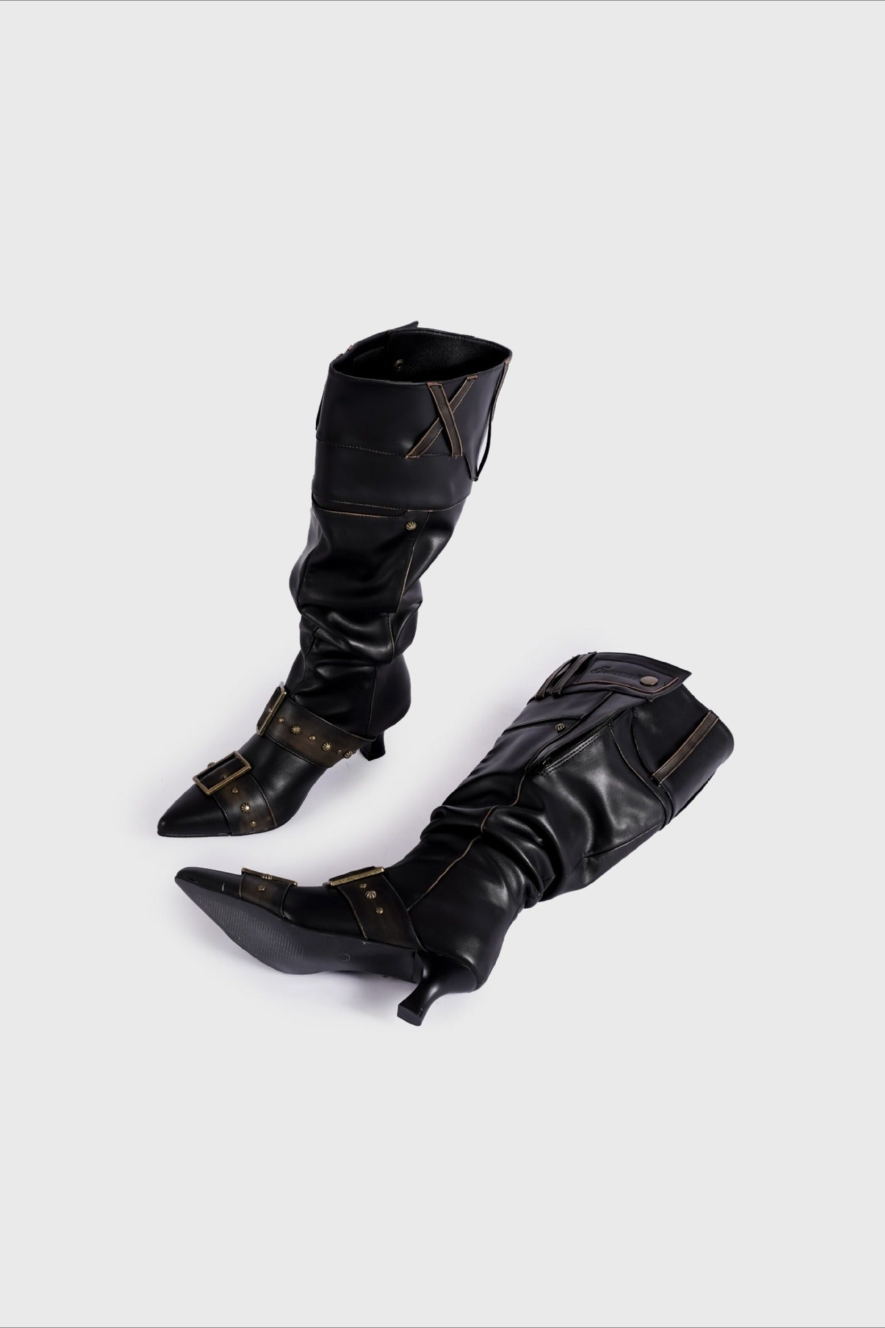 Pointed Buckle Slouch Knee-High Boots