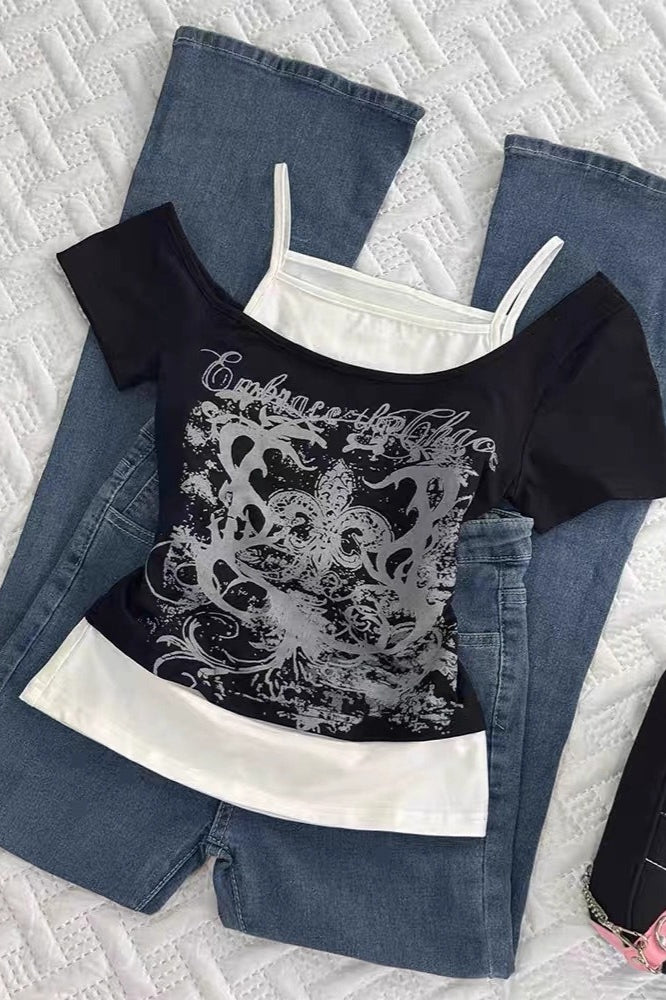 Grunge Y2K Twofer Asymmetrical Print T-shirt Main image