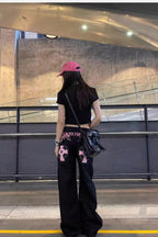 Pink Cross Rhinestone Wide Leg Jeans