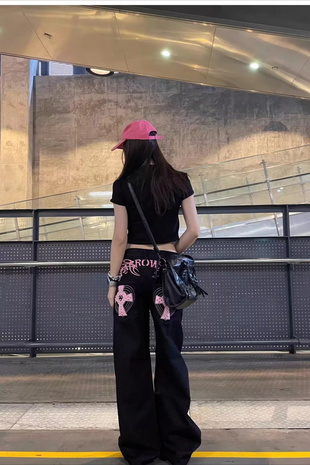 Pink Cross Rhinestone Wide Leg Jeans