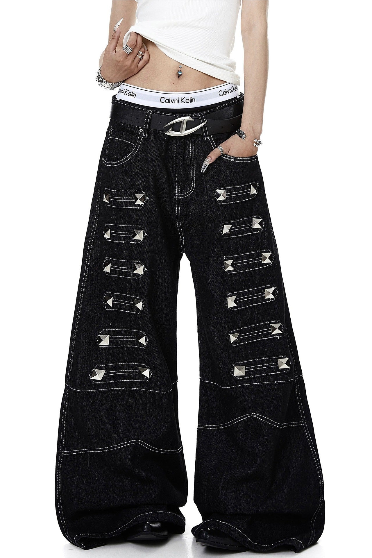 Studded Contrast-Stitch Flared Jeans