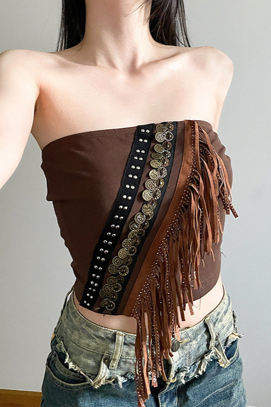 Boho Metal Trim Fringe Tube Top Secondary image