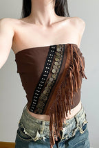 Boho Metal Trim Fringe Tube Top