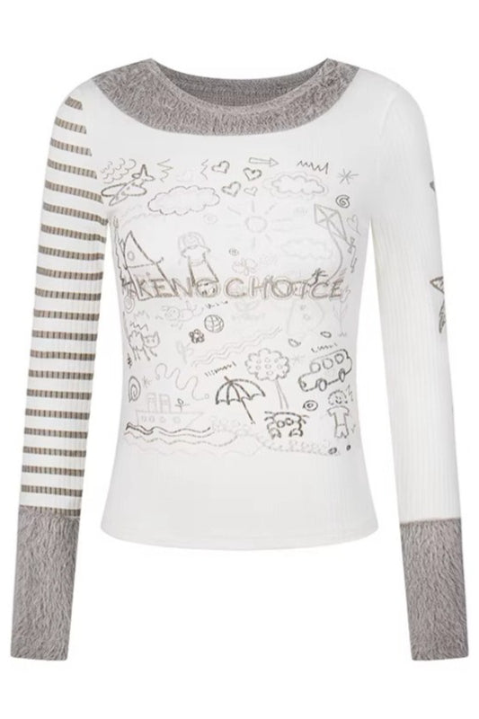 Print Fleece Patchwork Slim Crop Long Sleeve T-shirt Secondary image