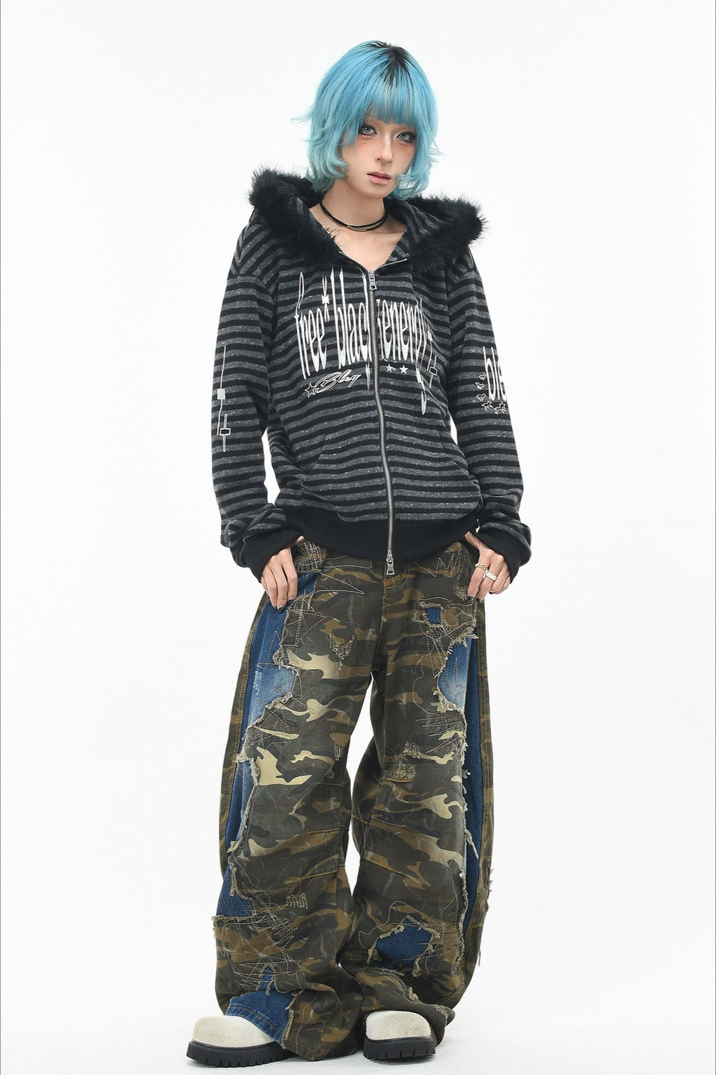 GothicPunkBlack and Grey Striped Cropped Hoodie