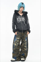 GothicPunkBlack and Grey Striped Cropped Hoodie