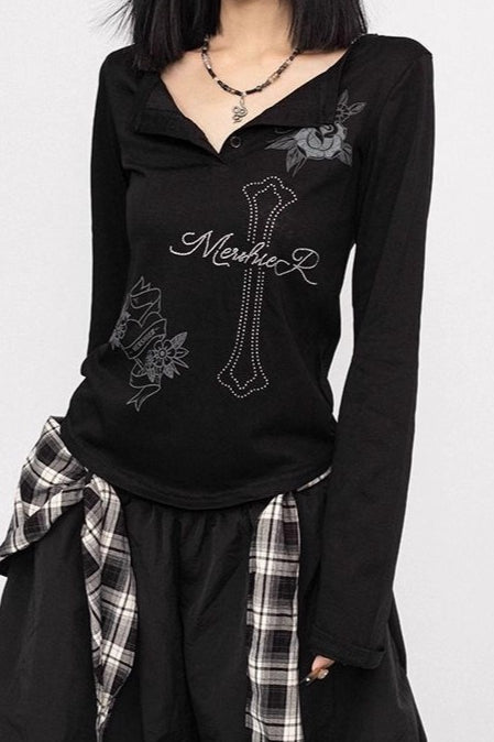 Decorative Cross Split Neck Sweatshirt
