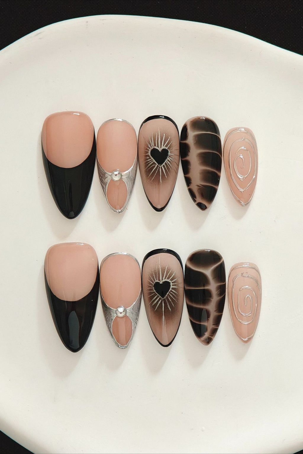 Vintage Brown Black Heart Embossed Press On Nails