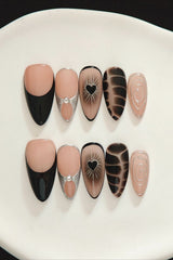 Vintage Brown Black Heart Embossed Fake Nails