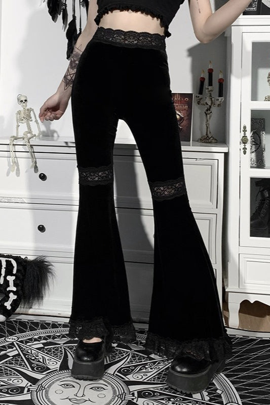 Lace Panel Velvet Flare Pants