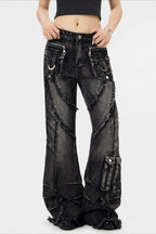 Buckle Pocket Washed Wide Leg Jeans