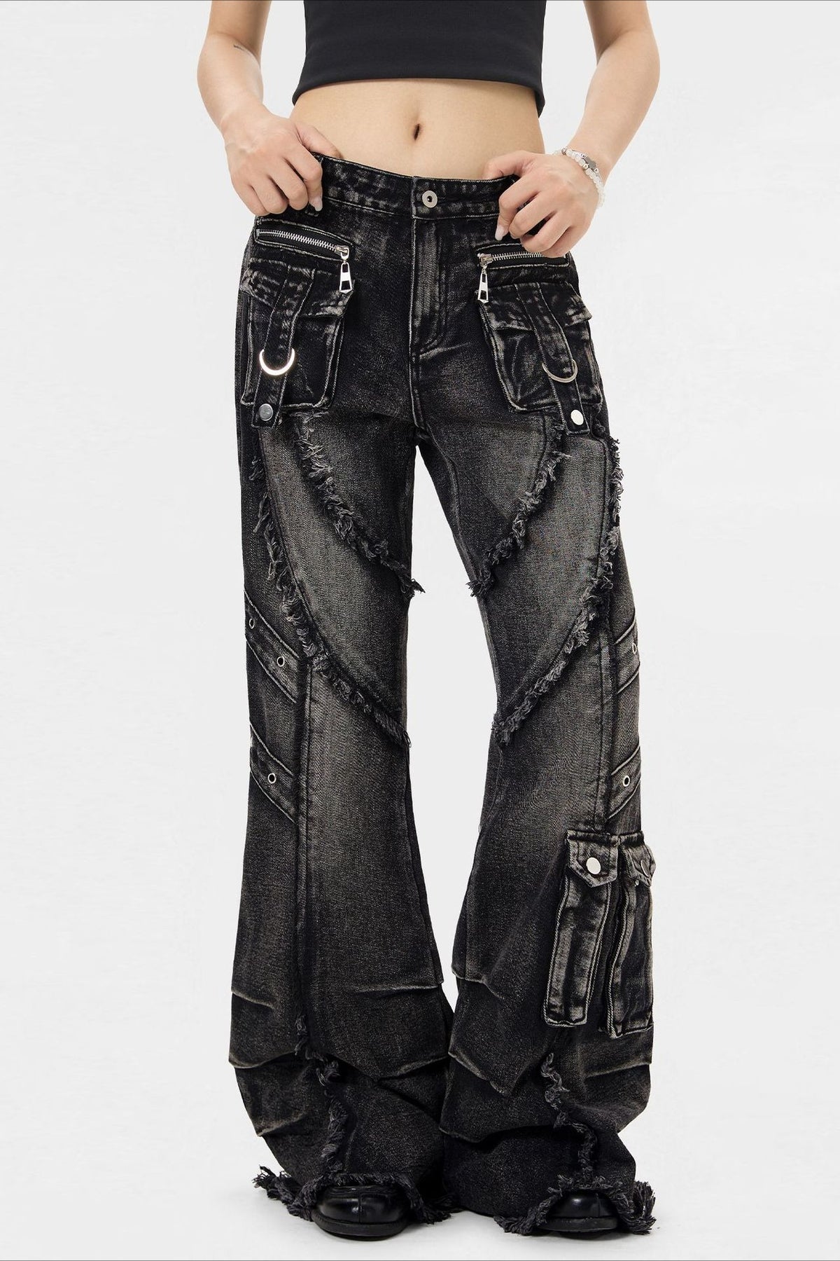 Buckle Pocket Washed Wide Leg Jeans
