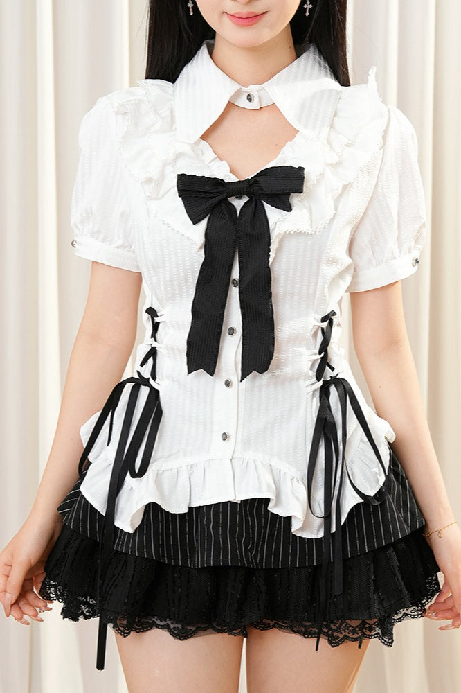 Gothic Ruffle Blouse And Tiered Mini Skirt Set