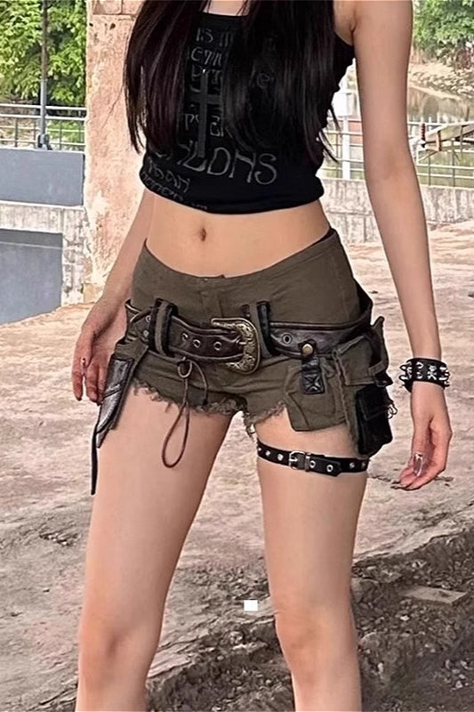 Vintage Army Green Denim Fringe Shorts Main image