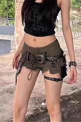 Vintage Army Green Denim Fringe Shorts