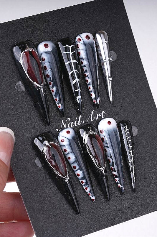 Gothic Silver Trim Blood Spot Press On Nails