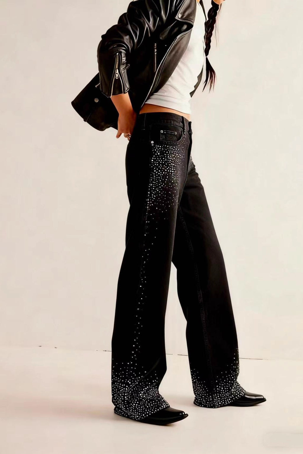 Rhinestone Hem Wide Leg Jeans