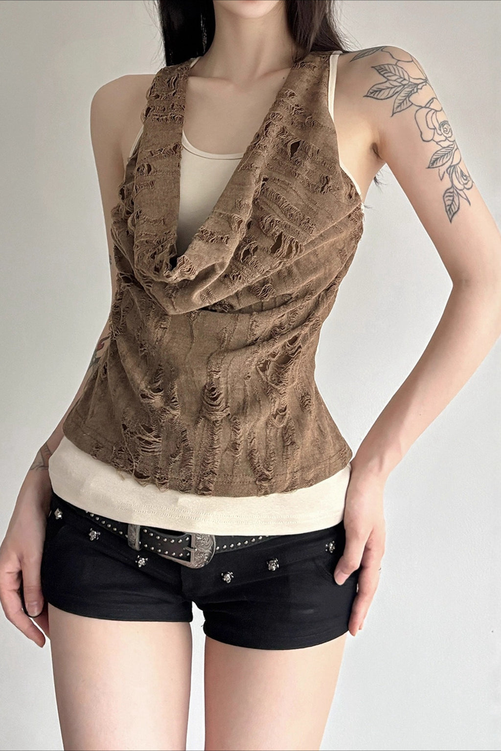 Distressed Wasteland Draped Neck Halter Top