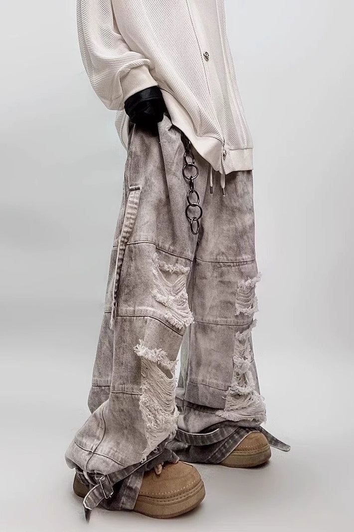 Distressed Mud-Wash Cargo Jeans