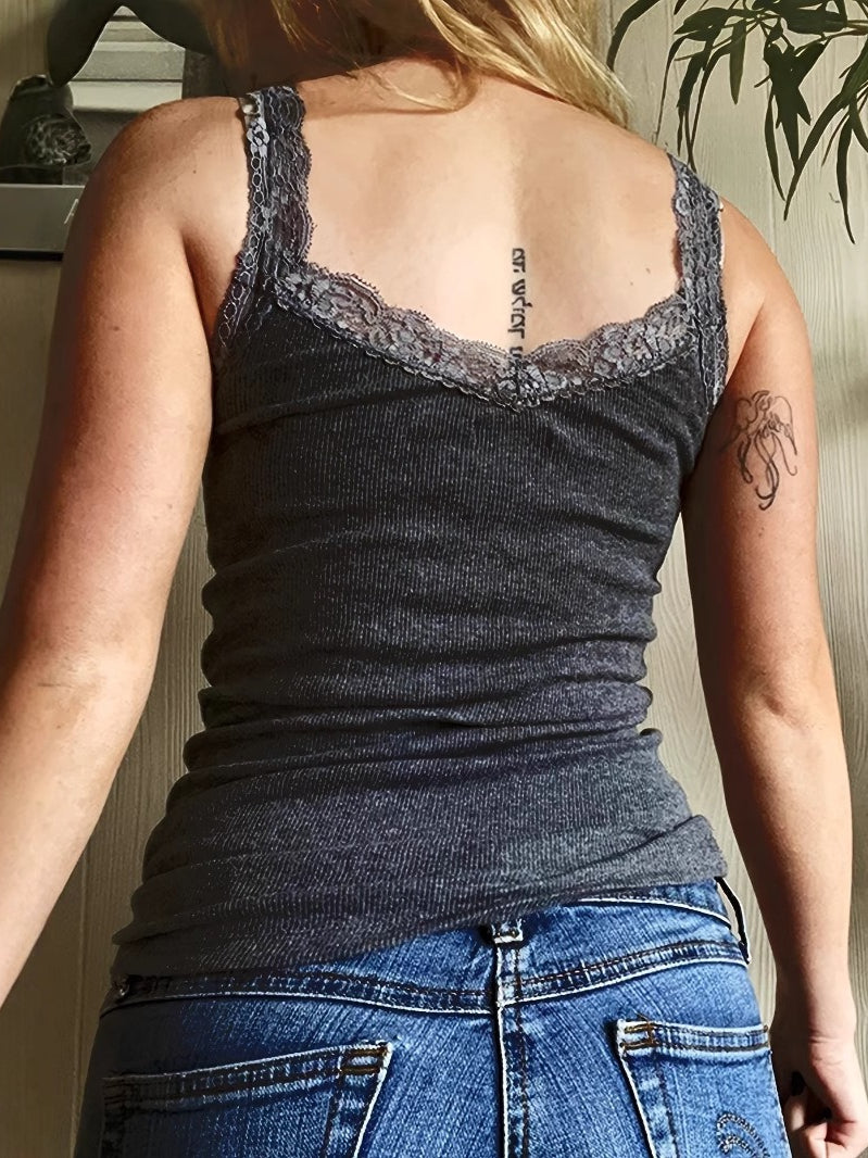 Y2K Grey Lace Trim Dark Print Tank Top