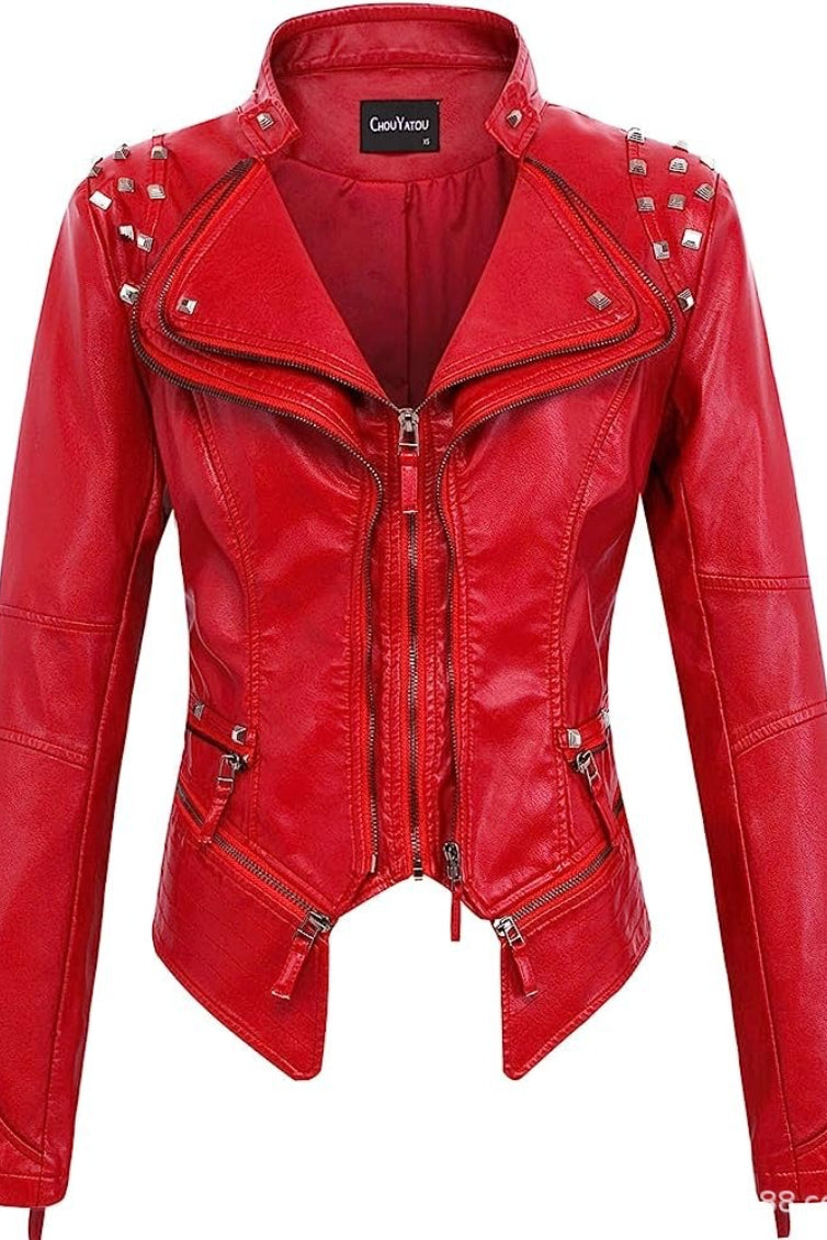 Studded Asymmetric Zip Fitted Leather Jacket Secondary image