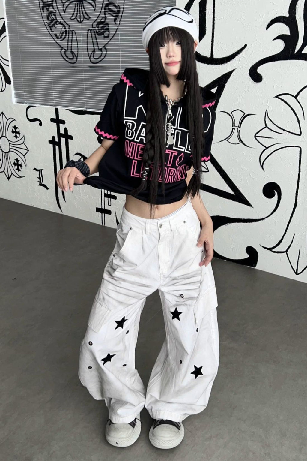 Star Print Cargo Denim Pants