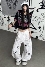 Star Print Cargo Denim Pants
