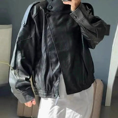 Long Sleeve Stand Collar Leather Jacket