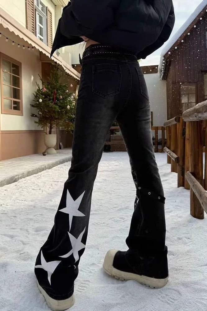 Retro Letter & Star Print Flare Jeans Pants