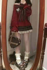 Y2K Christmas Off Shoulder Red Vintage Slim Knit Sweater