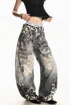 Leopard Panel Washed Denim Pants