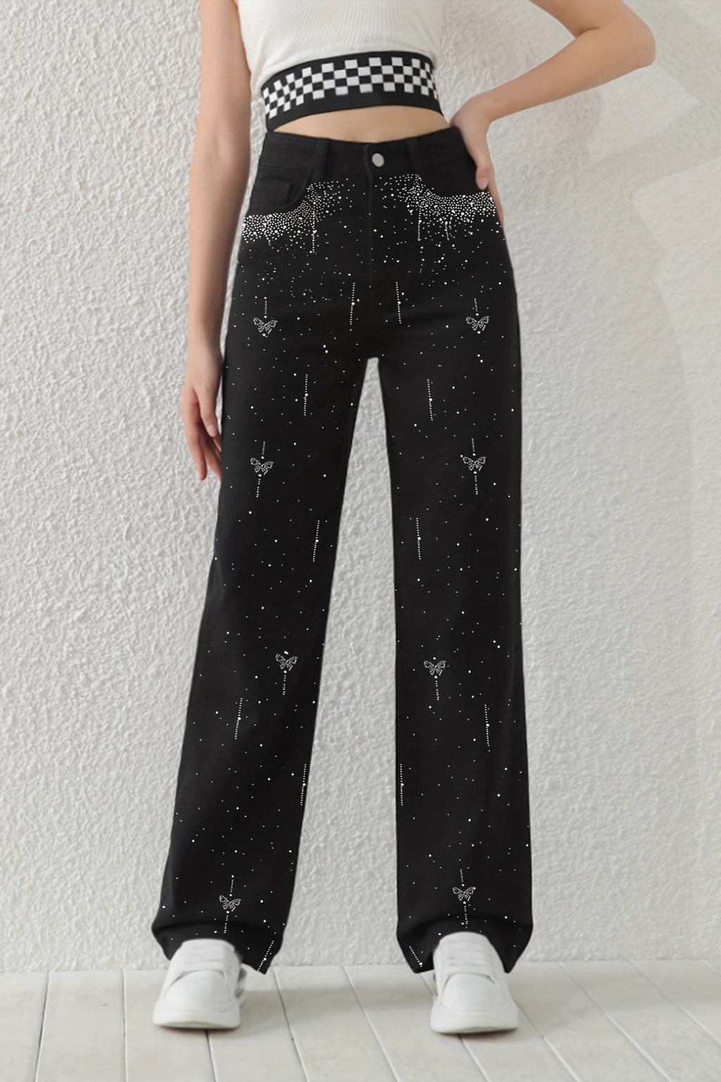 Butterfly Rhinestone Wide Leg Jeans
