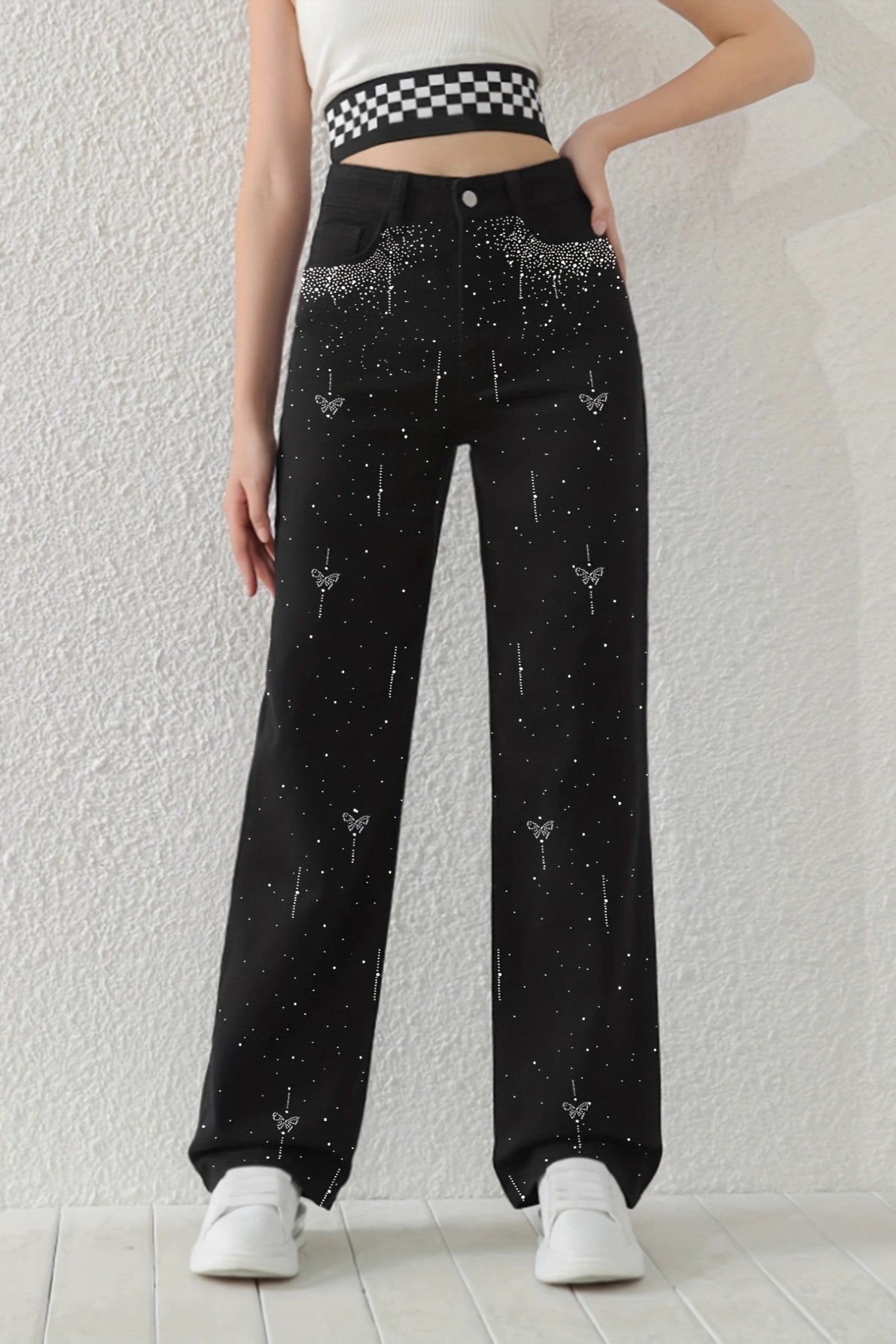 Butterfly Rhinestone Wide Leg Jeans