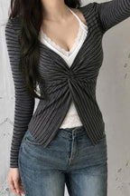 Striped Twist Front Lace Cardigans